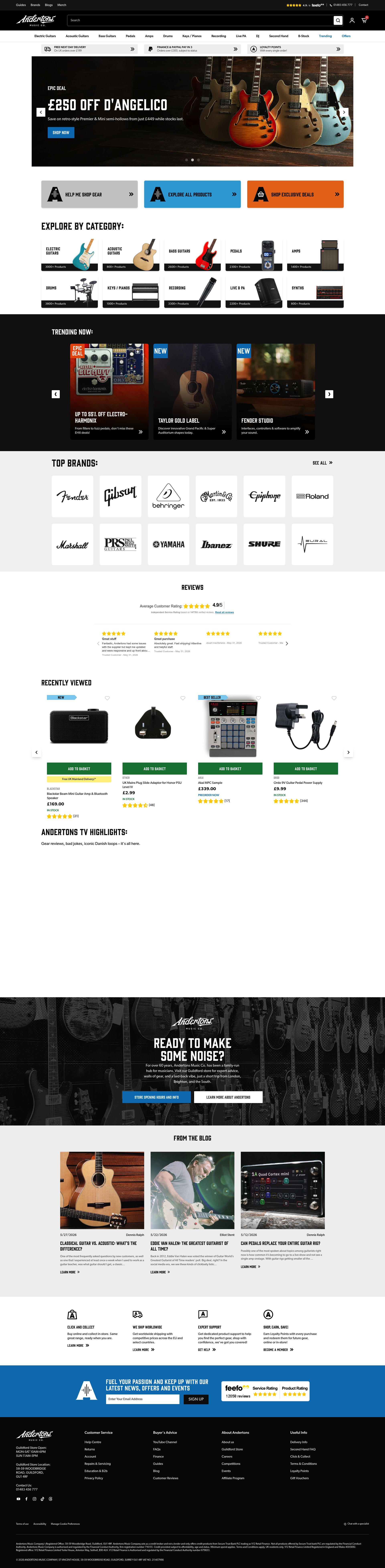 Andertons Music Co homepage screenshot