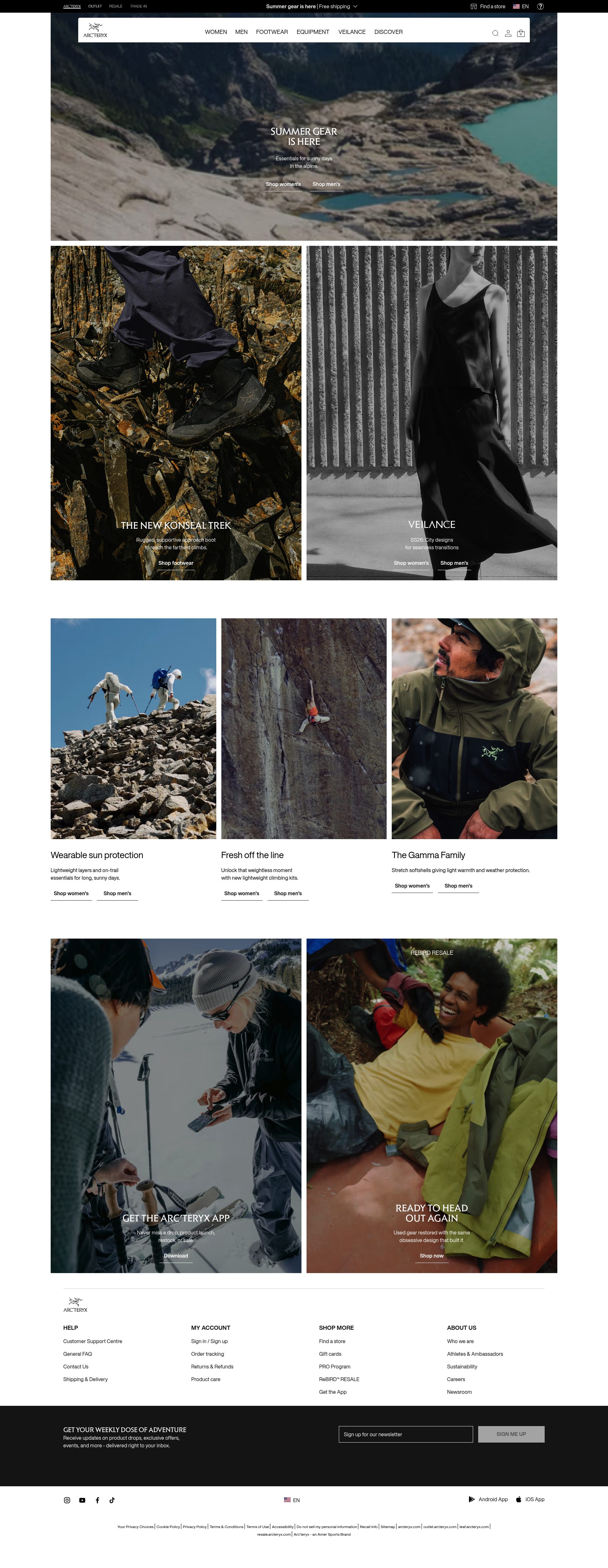 Arcteryx homepage screenshot