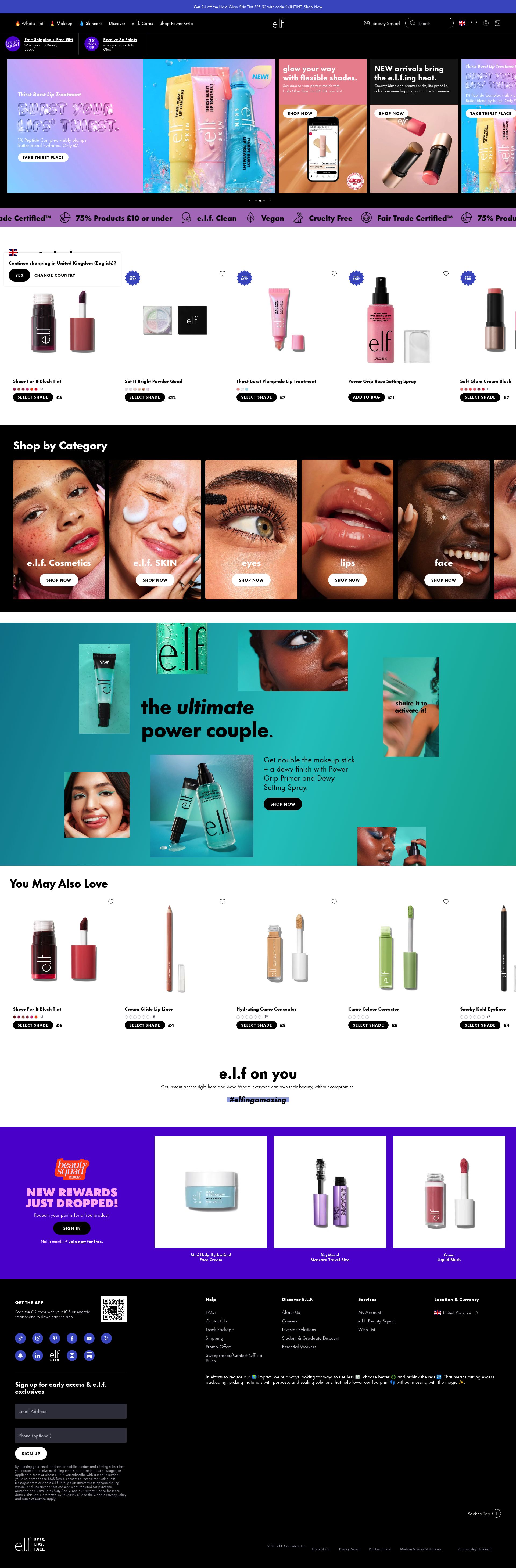 E L F Cosmetics homepage screenshot