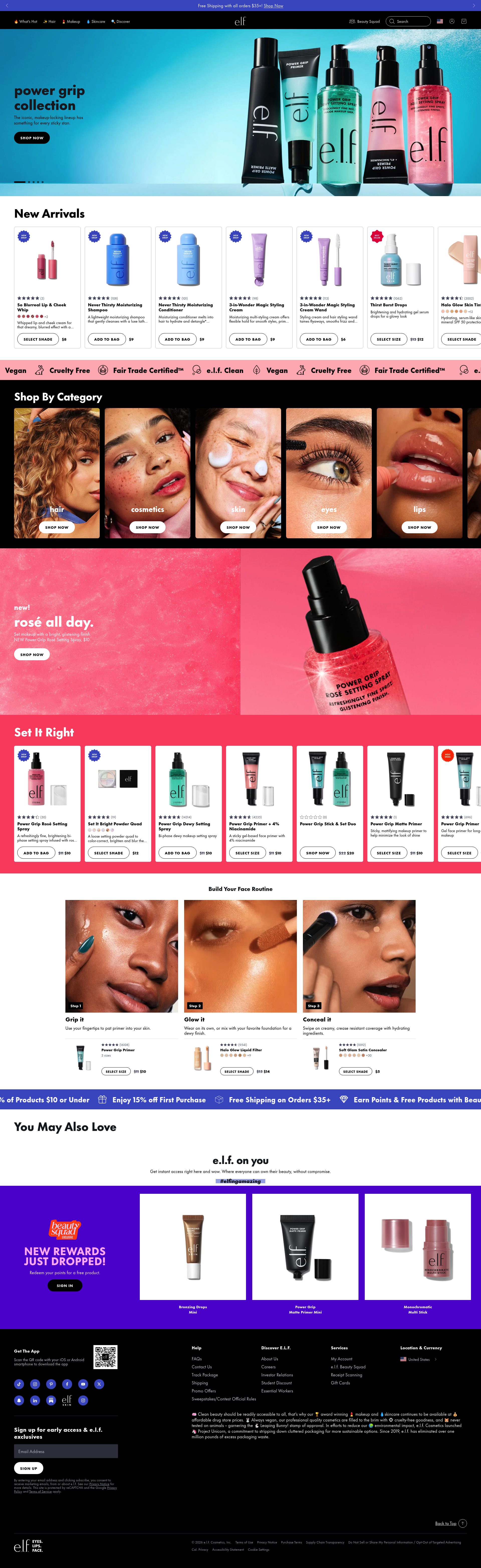 Elf Cosmetics homepage screenshot