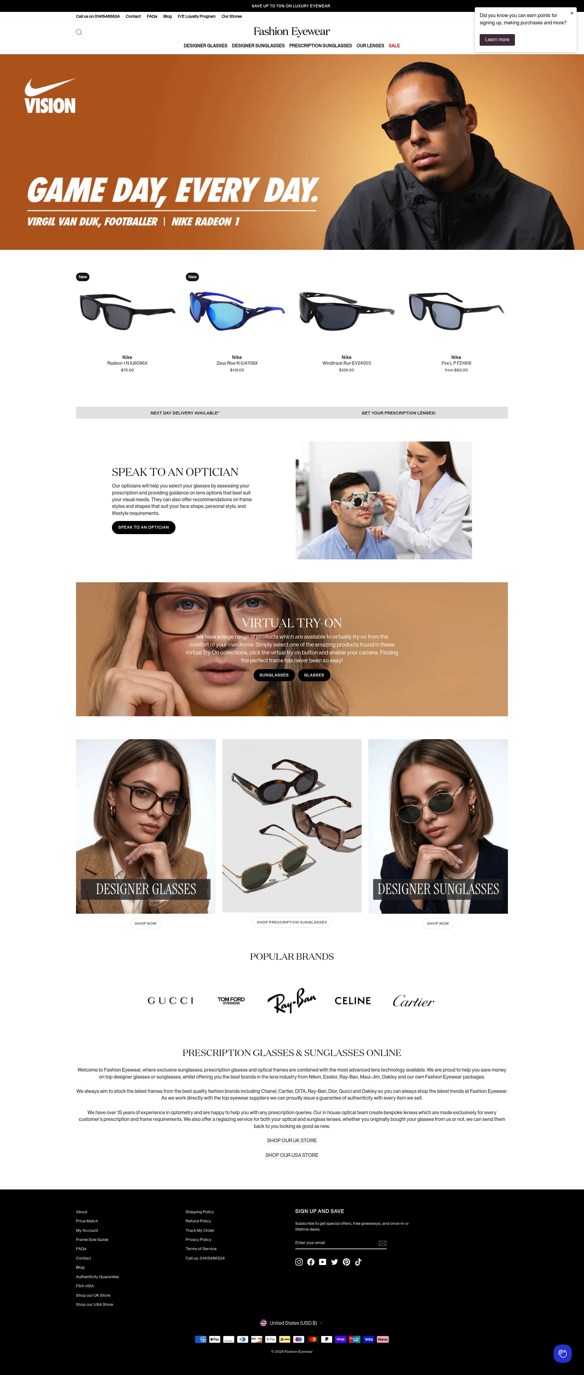 Fashion Eyewear homepage screenshot