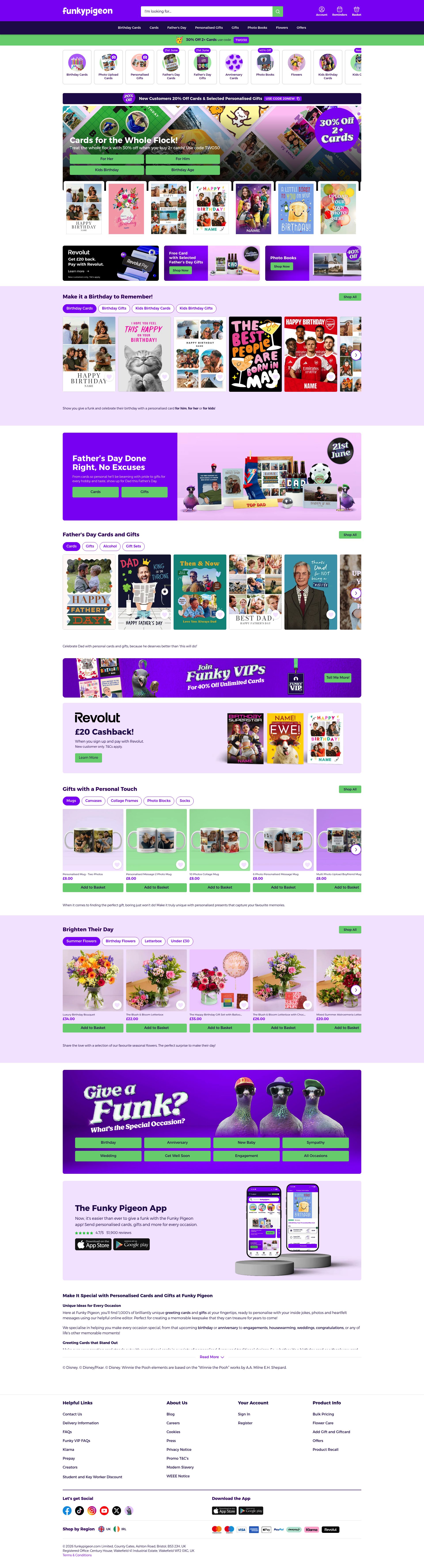 Funky Pigeon homepage screenshot