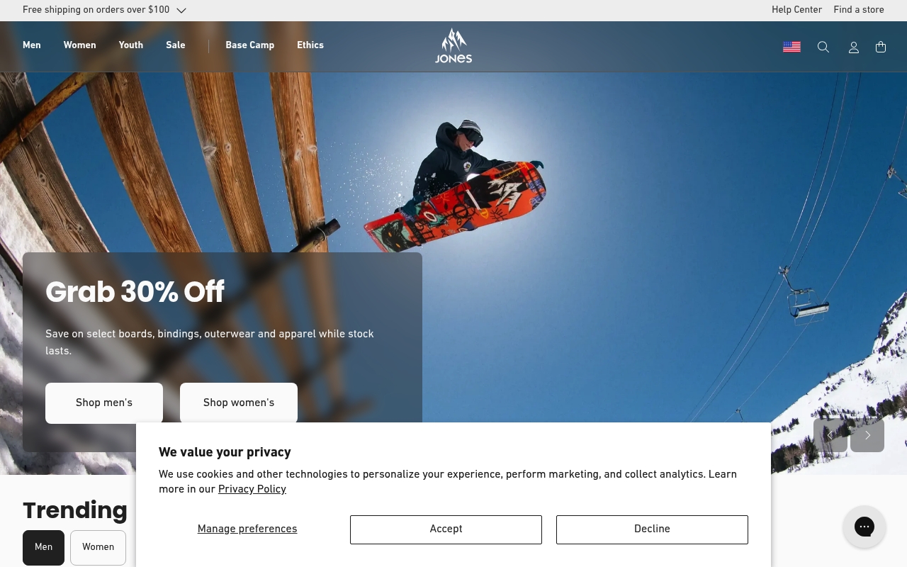 Jones Snowboards homepage
