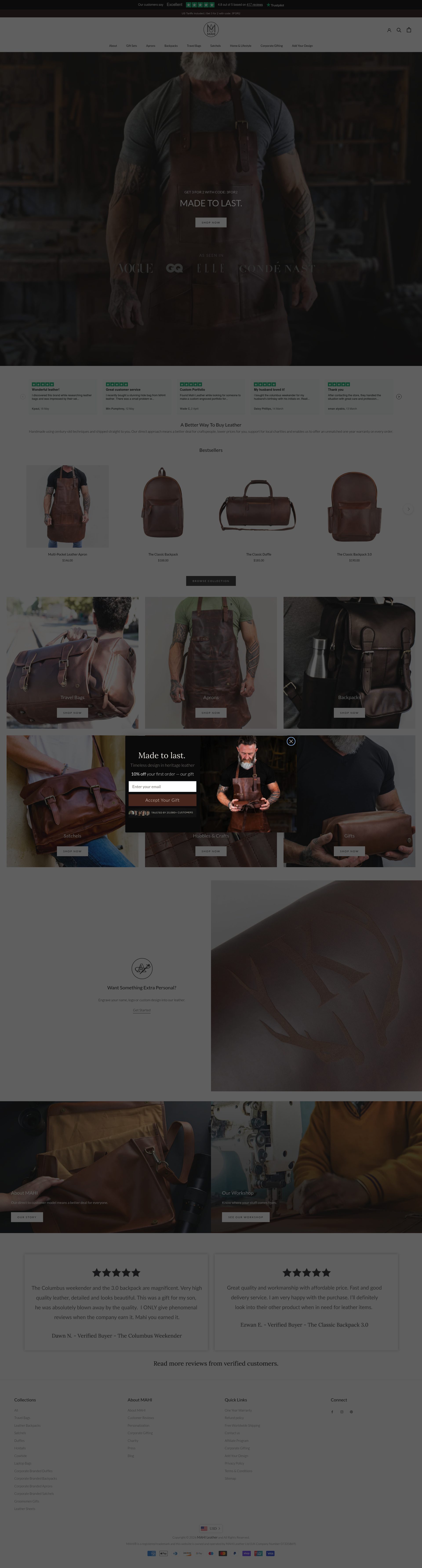 Mahi Leather homepage screenshot