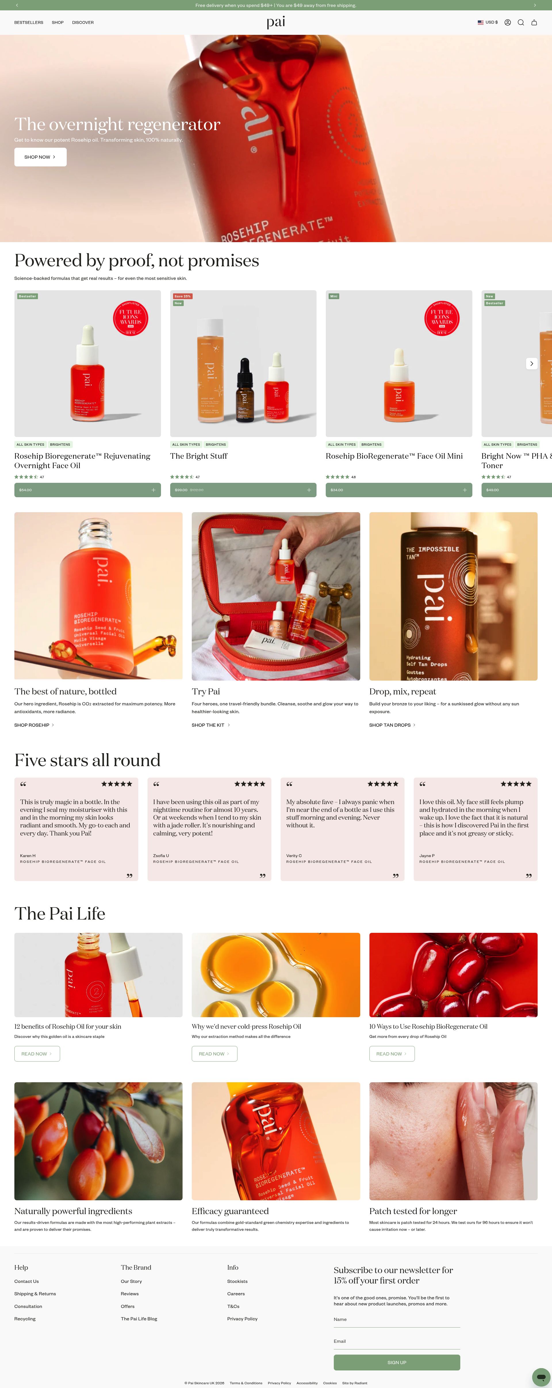 Pai Skincare homepage screenshot