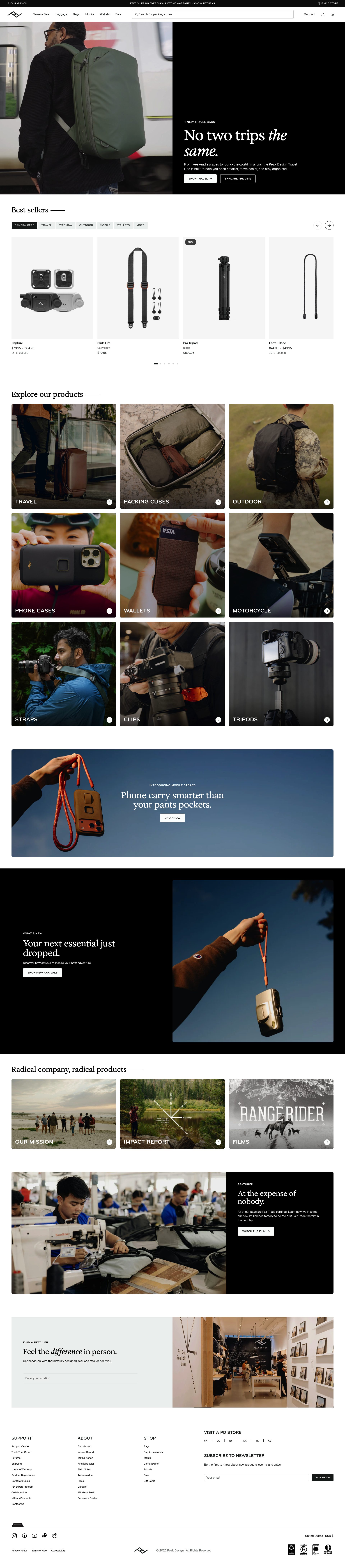 Peak Design homepage screenshot